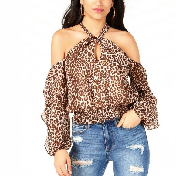 Guess | woman’s Leopard Print Cold-shoulder Top - Picture 1 of 5